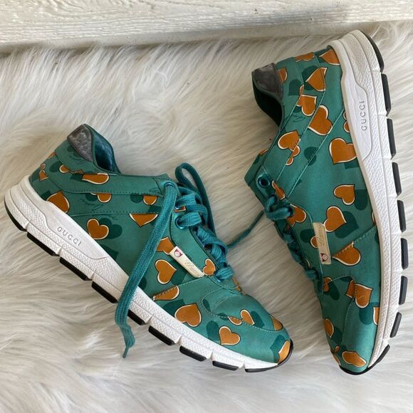 GUCCI. TEAL green Heart Satin Silk Monogram Sneakers Ace Princetown oxfords 36.5 - Picture 2 of 13
